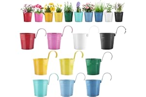 Finderomend 10 Pack of Railing Hanging Flower Pots,Small Metal Iron Hanging Flower Pots Balcony Garden Pots Fence Hanging Bucket Pots with Detachable Hooks,Flower Holders