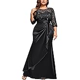 MISSMAY Women's Plus Size Sequin Lace Contrast Satin Ruched Bodycon Mermaid Formal Maxi Dress