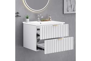 ONBRILL 24 Inch Bathroom Vanity with Sink Combo, Floating Bathroom Vanity with 2 Fluted Drawer & Metal Handles, Modern Wall Mount Bathroom Cabinet with Ceramic Integrated Sink for Small Space (White)