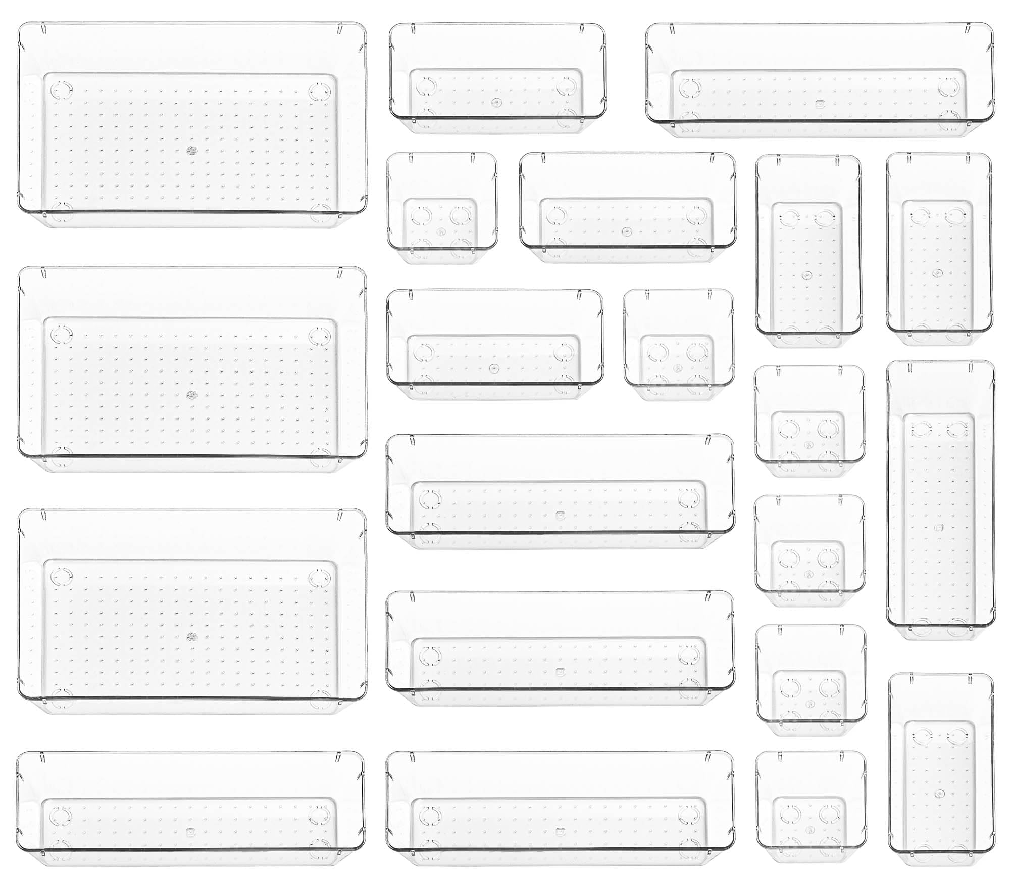 Stackzy Drawer Organiser Set – Makeup Organiser Tray for Drawers – Clear Cosmetics Container Tray for Bedroom – Utensil Cutlery Set Divider – Kitchen Storage & Organisation – 21pack