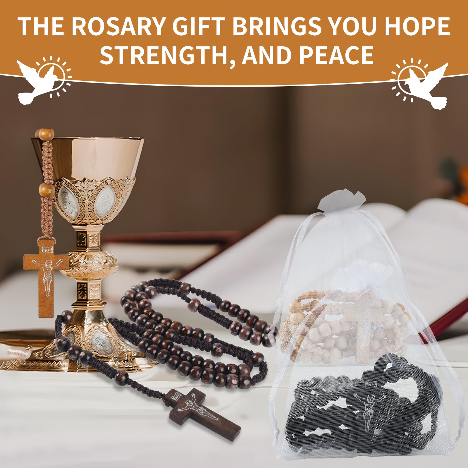 Wonitain 60 Set Wooden Rosary Beads Bulk Wood Catholic Rosaries with Jesus Holy Cross First Communion Wood Carved Rosary with Organza Bags Religious Rosary Catholic Baptism Church Present for Men Women