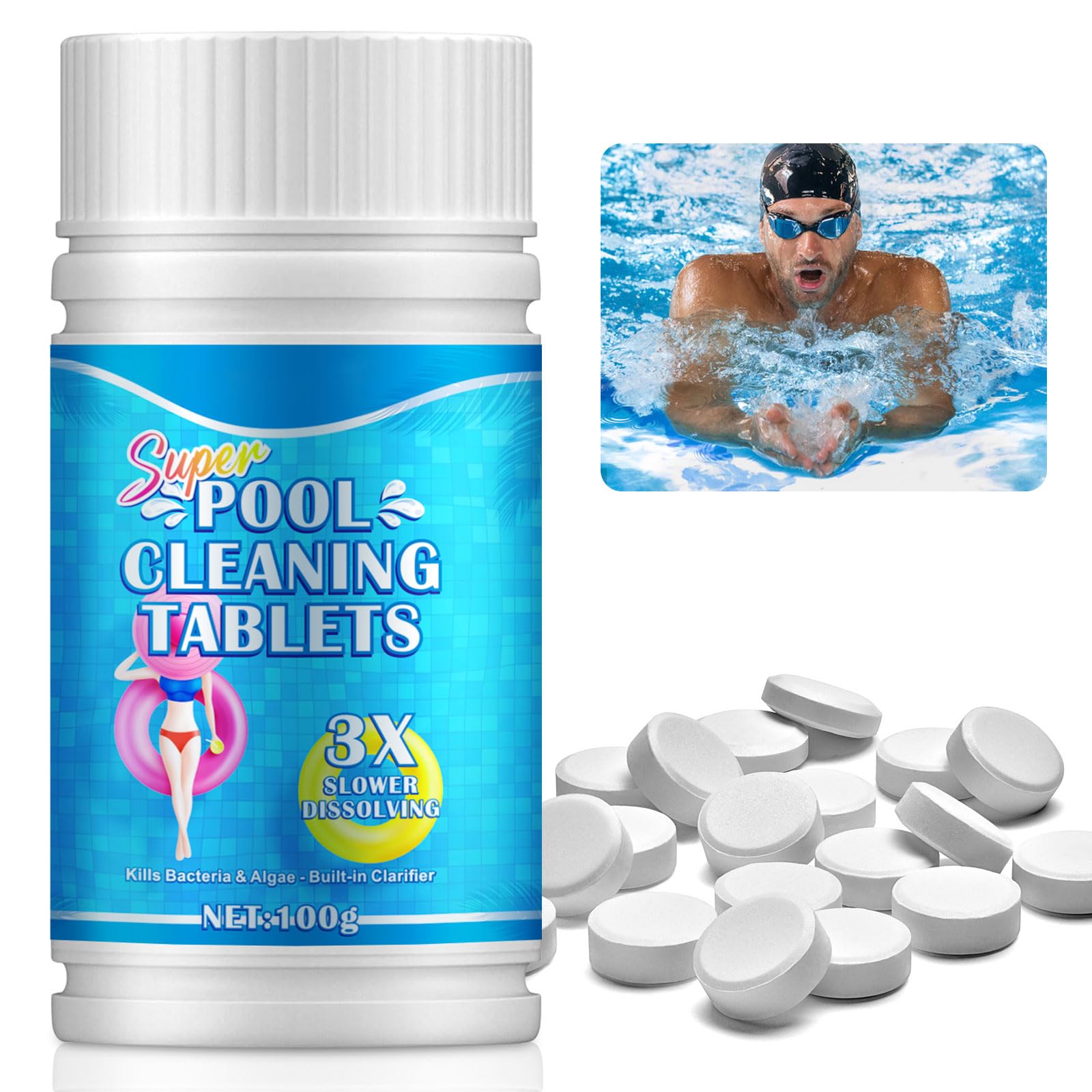 Chlorine Tablets for Swimming Pool, Chlorine Tablets for Hot Tub, 100pcs Pool Cleaning Tablets for Swimming Pool Spa Hot Tub Bathtubs Instant Multifunction Chlorine Tablets
