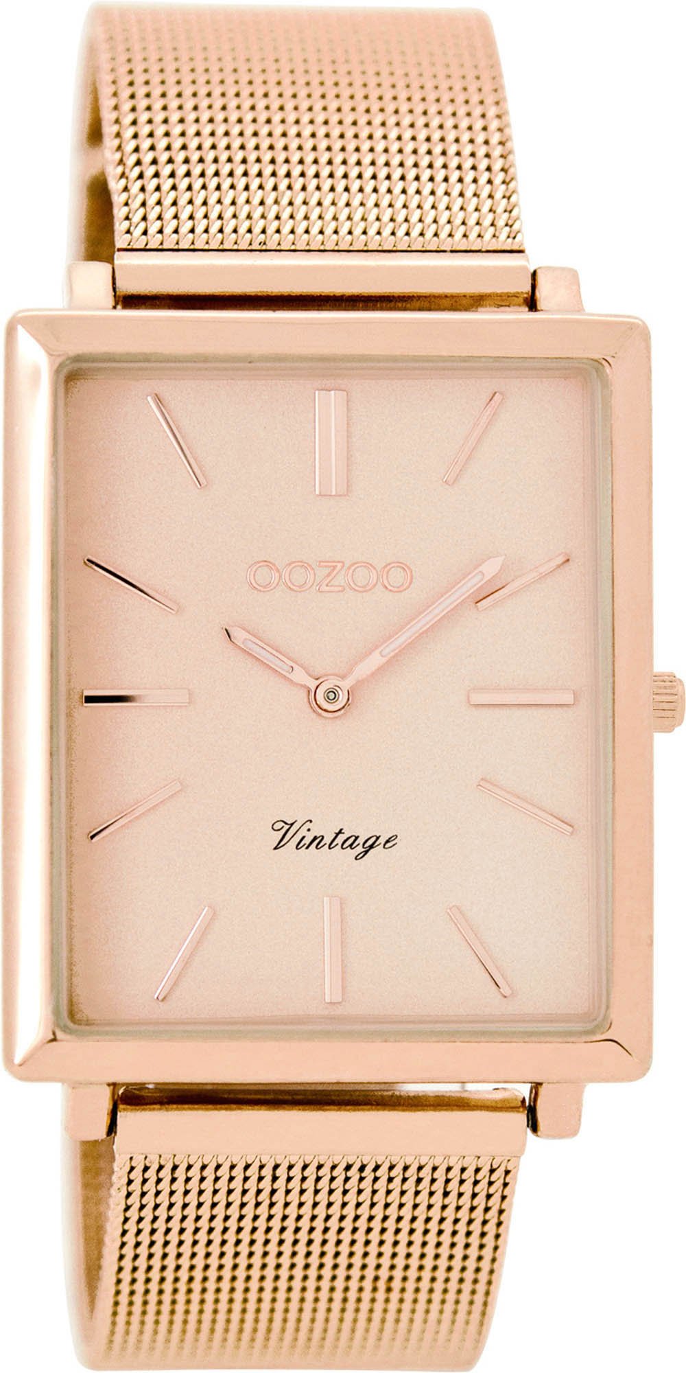 Oozoo Vintage Watch for Women with Stainless Steel Milanese Metal Strap, Flat with Only Under 7 mm Height and 31 mm Diameter, Square in Various Variations, C8184 - Rose / Rose