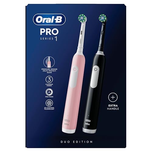 Oral-B Pro 1 X2 Electric Toothbrushes For Adults, Oral B Electric Toothbrush, With 3D Cleaning, 2 Toothbrush Heads, Gum Pressure Control, 2 Pin UK Plug, Pink & Black