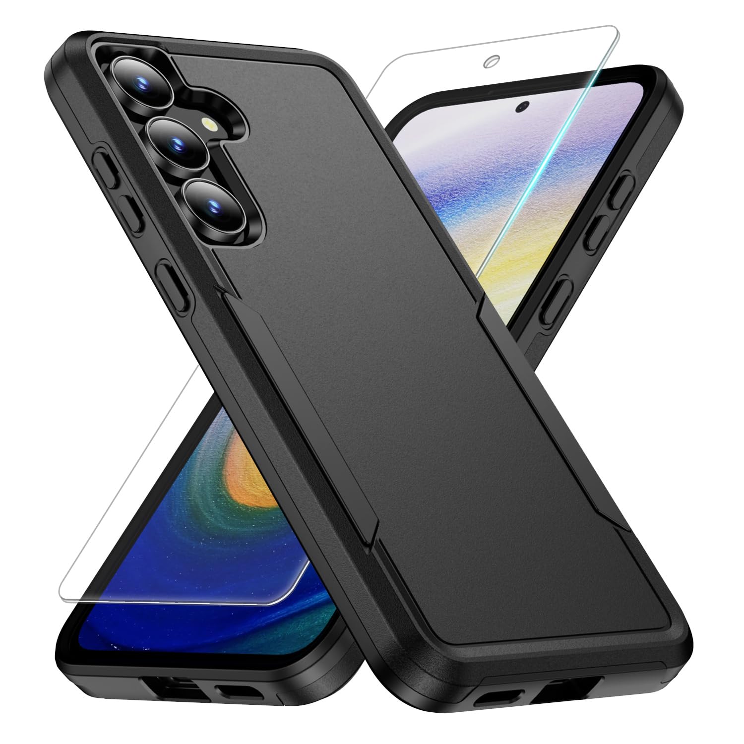 GSDCB Phone Case for Samsung Galaxy S25 FE Case with Tempered Glass Screen Protector Soft TPU Inner Layer and Hard Back Cover Double Layer Design Phone Case for Women Men Girl Boy (Black)
