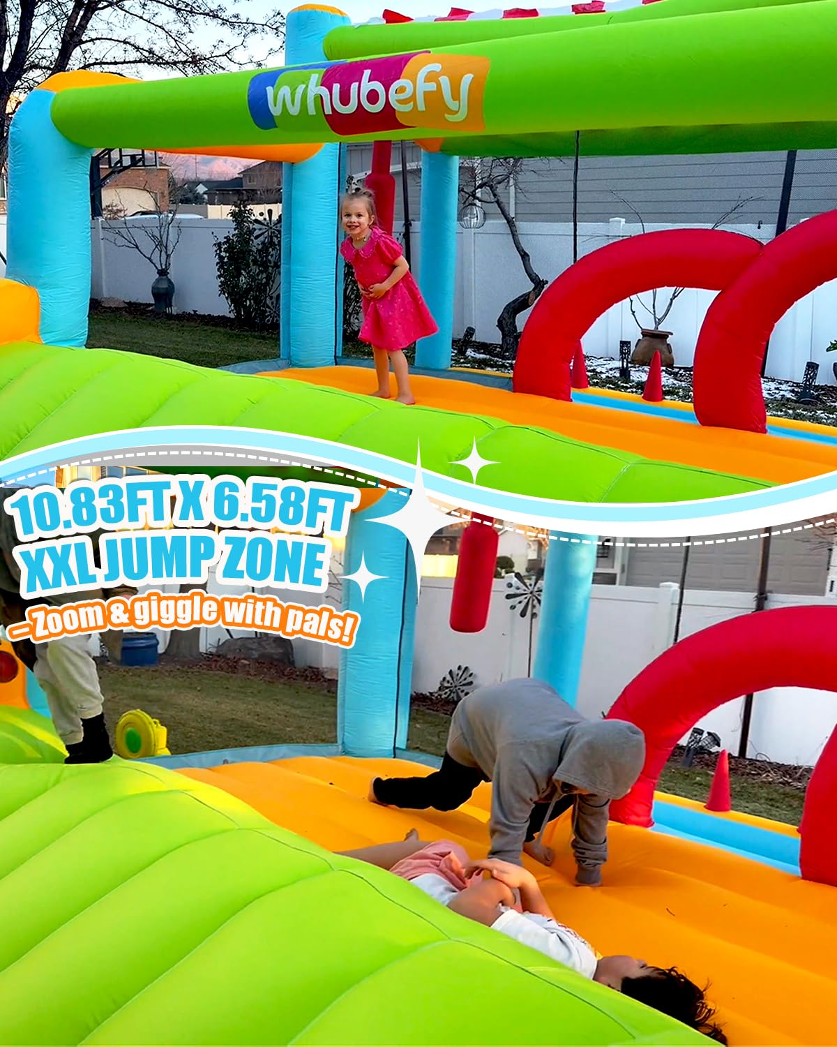 Whubefy Large Bounce House for Big Kids 8-12, 16x11.5FT Kid 3-6 Inflatable Obstacle Course w/XXL Slide, Jump Zone, Water Pool, Obstacle Bars, Ring Toss, 750W Blower, Outdoor Bouncy Castle Holds 6 Kids