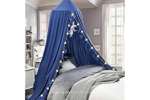 Hommi Lovvi Kids Bed Canopy, Dreamy Frills Canopy for Girls Bedroom Soft Ceiling Hanging Decoration Princess Canopy Net Reading Nook, Extra Large Full Size Bed Canopies with Light - Blue