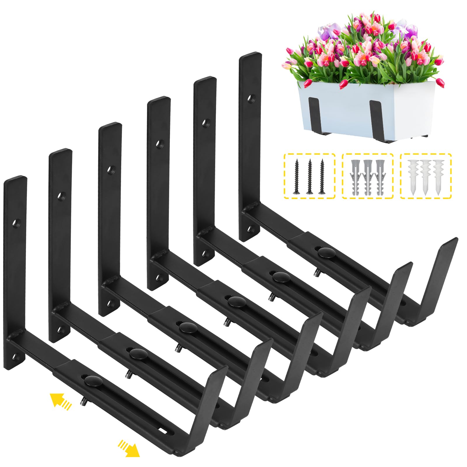 Photo 1 of LukLoy Window Planter Box Brackets, 6 Pack Adjustable Heavy Duty Wall Mount Window Flower Boxes Outdoor with Bracket (6 to 12 in), with 70lbs Capacity, Black