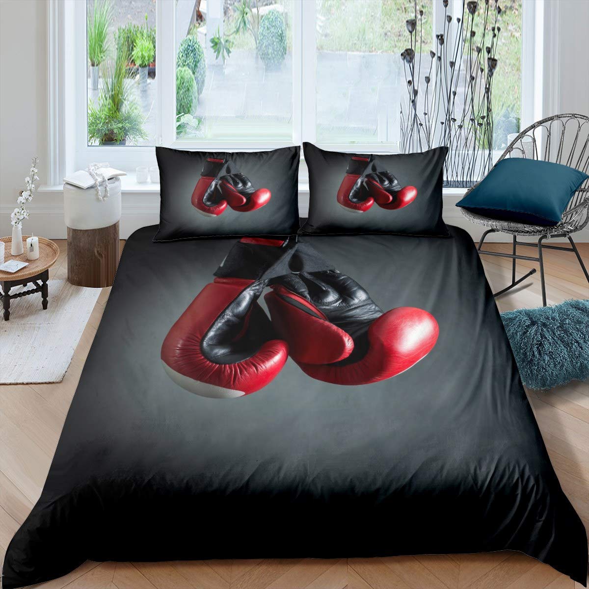 Loussiesd Boxing Comforter Cover Sports Theme Bedding Set for Boys Children Men Boxing Gloves Pattern Duvet Cover Stain Resistant Pugilism Games Room Decor Double Size Quilt Cover 3Pcs
