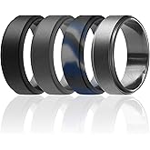 ROQ Silicone Rubber Wedding Ring for Men, Comfort Fit, Men's Wedding Band, Breathable Rubber Engagement Band, 8mm Wide 2mm Thick, Step Edge, 4 Pack, Black, Gray, Black Blue Camo, Dark Silver, Size 15