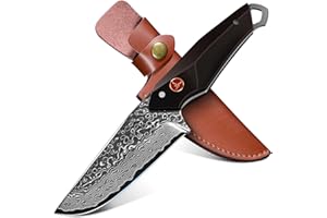 TAN REN Damascus Hunting Knife, Outdoor Fixed Blade Knife with Sheath, Full Tang Survival Knives with Wood Handle, Ideal for Bushcraft, Camping, Outdoor Cooking, Hunting Knives Gift for Men, Black