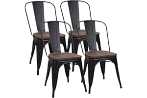 Furmax Metal Dining Chairs with Wood Seat, Indoor-Outdoor Use Stackable Chic Dining Bistro Cafe Side Metal Chairs Set of 4(Black)