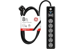 GE Surge Protector Power Strip, 8 Ft Extension Cord, 6 Outlet Extender, 1300 Joules, Flat Plug, Twist-to-Close Safety Covers, ETL Listed, Black, 33662