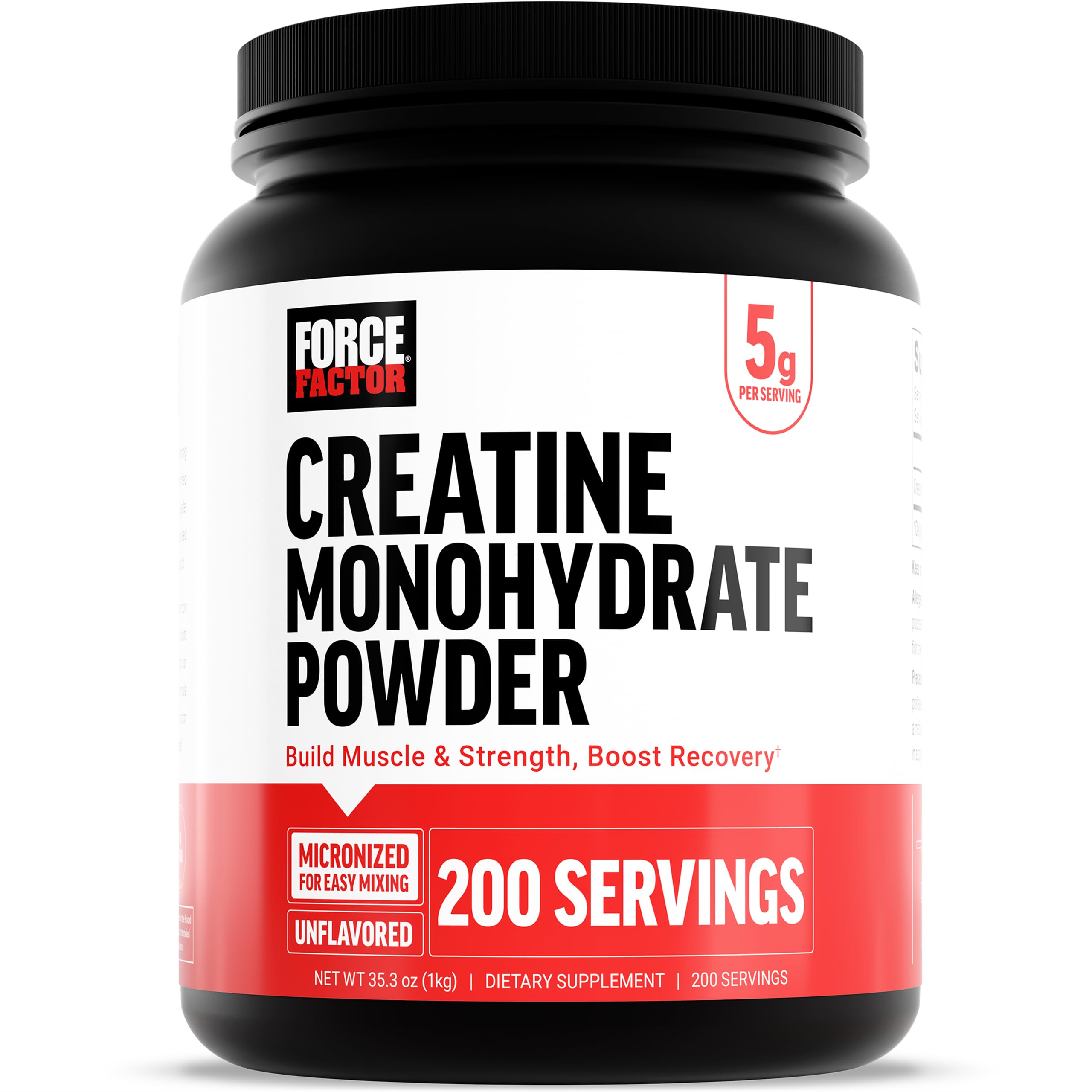 Force Factor Creatine Monohydrate Powder, 5g Micronized Dose to Support Muscle Growth, Strength, Recovery, Cognitive Health & Memory, Unflavored, 200 Servings Image