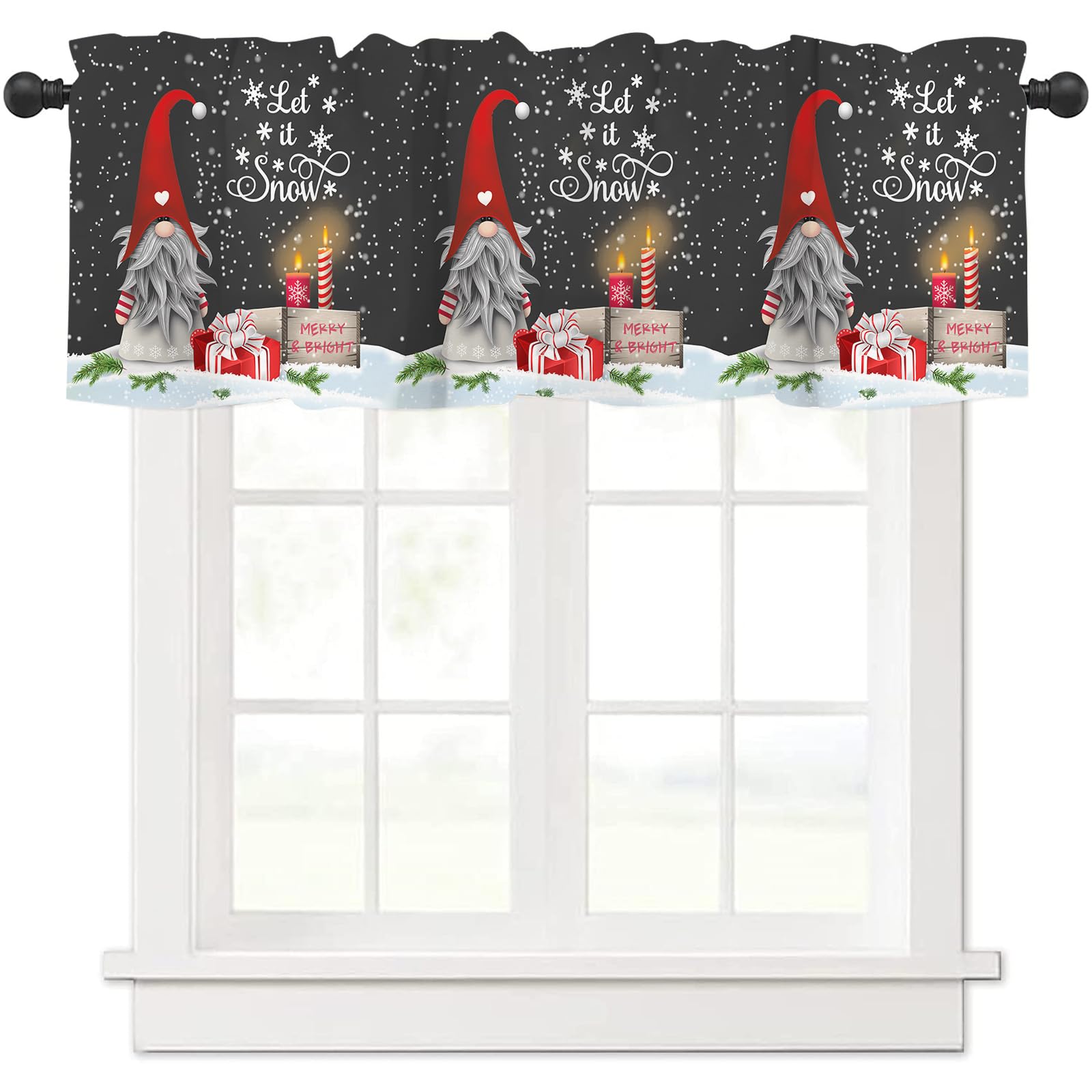 Abaysto Gnome Valance for Window Merry Christmas Window Toppers Curtain Valance Rod Pocket Winter Snowflakes Elf Window Treatment for Living Room/Bedroom/Farmhouse Xmas Gifts 45x137cm