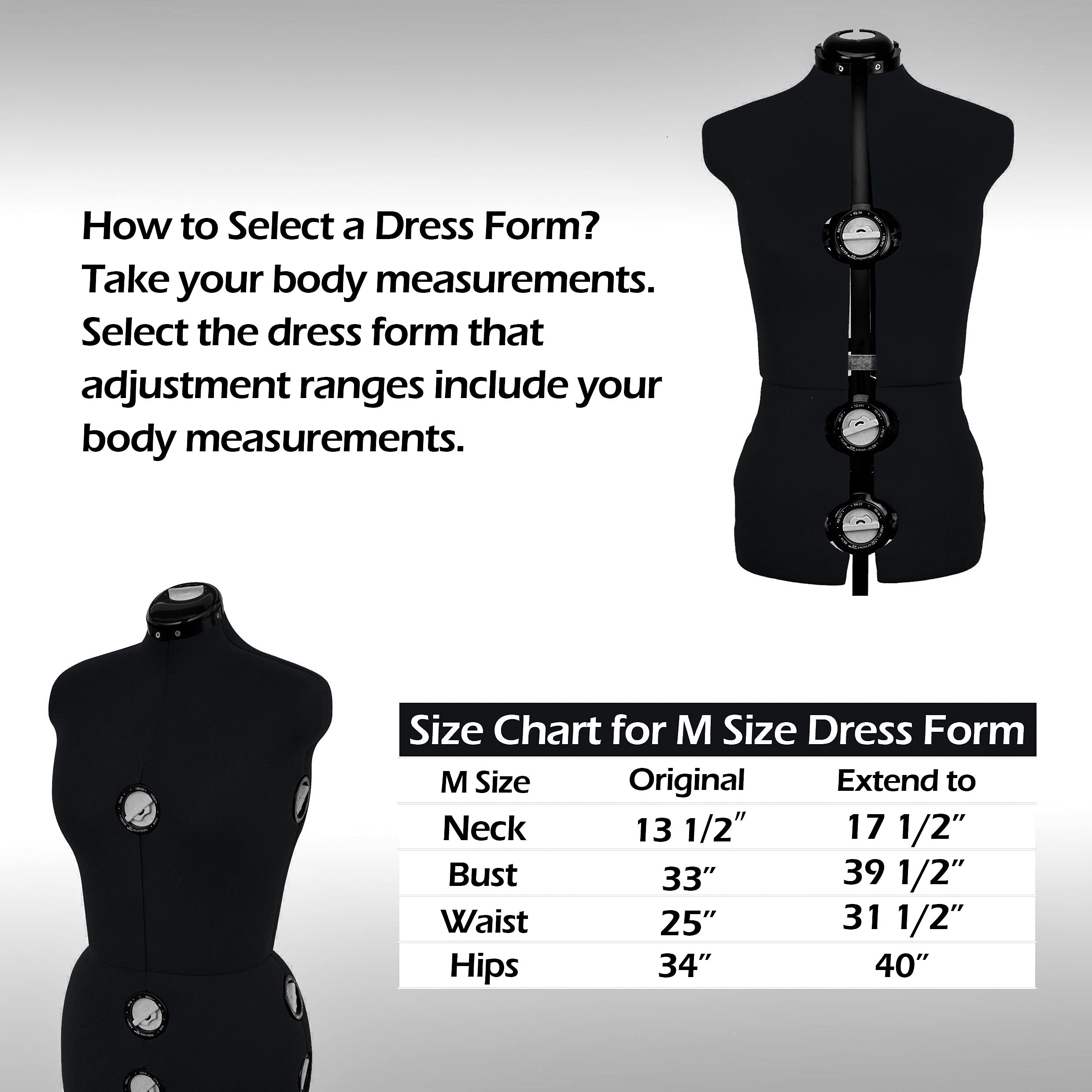 BHD BEAUTY Black 13 Dials Female Fabric Adjustable Mannequin Dress Form for Sewing, Mannequin Body Torso with Tri-Pod Stand, Up to 70
