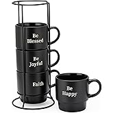 Signature Housewares Stackable Coffee Mug Tower Set with Metal Wire Rack - 15 Ounce Coffee Mugs for Coffee, Tea, Cocoa, Milk, Cappuccino, Hot Chocolate Set of 4 - Be Happy Matte Black