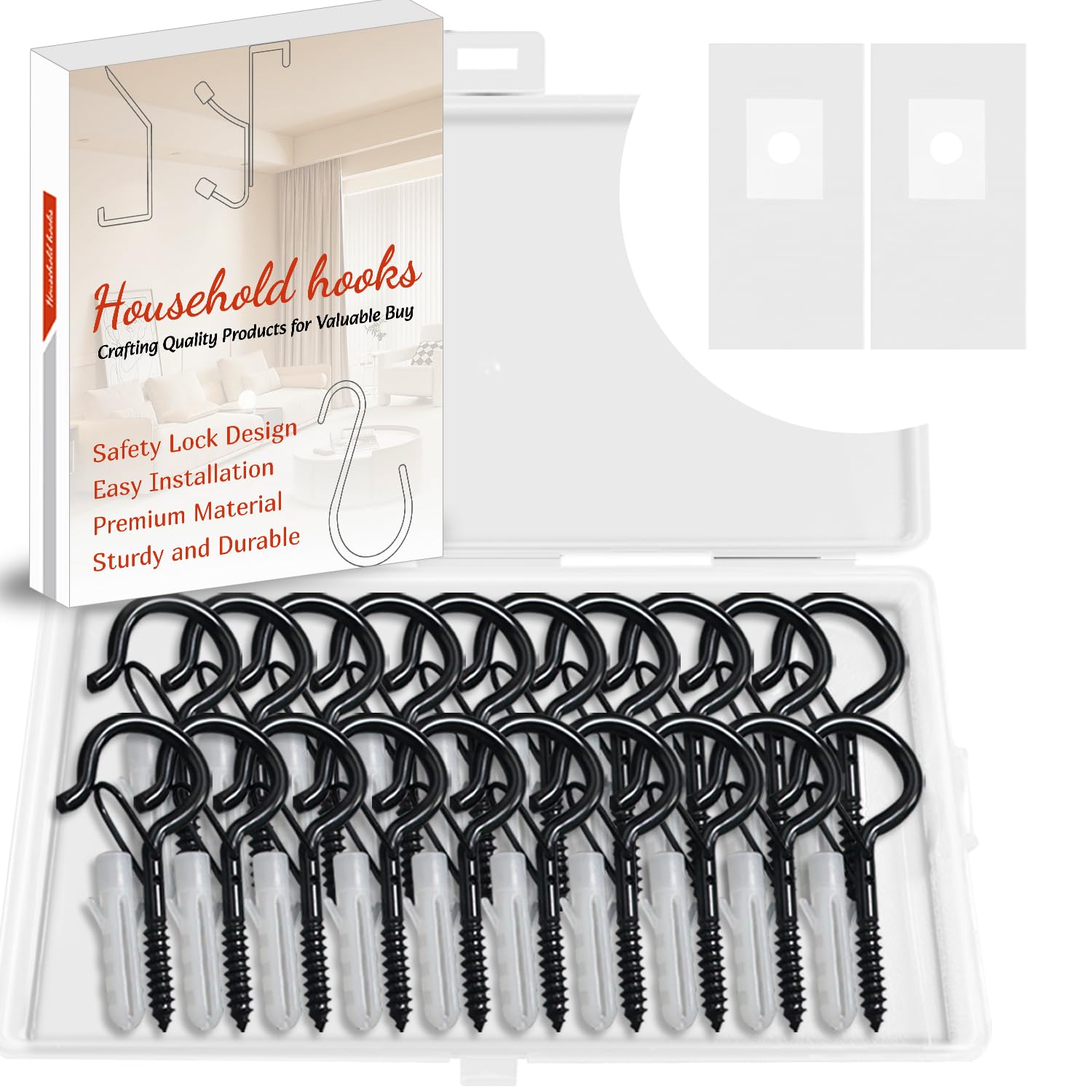 Vacallity 20PCS Black Screw in Hooks, Cup Hooks, Q Hanger Hooks, Outdoor Hooks for Outdoor String Lights, Wall Hooks with Safety Buckle for Hanging Plants, Fairy Lights and More.
