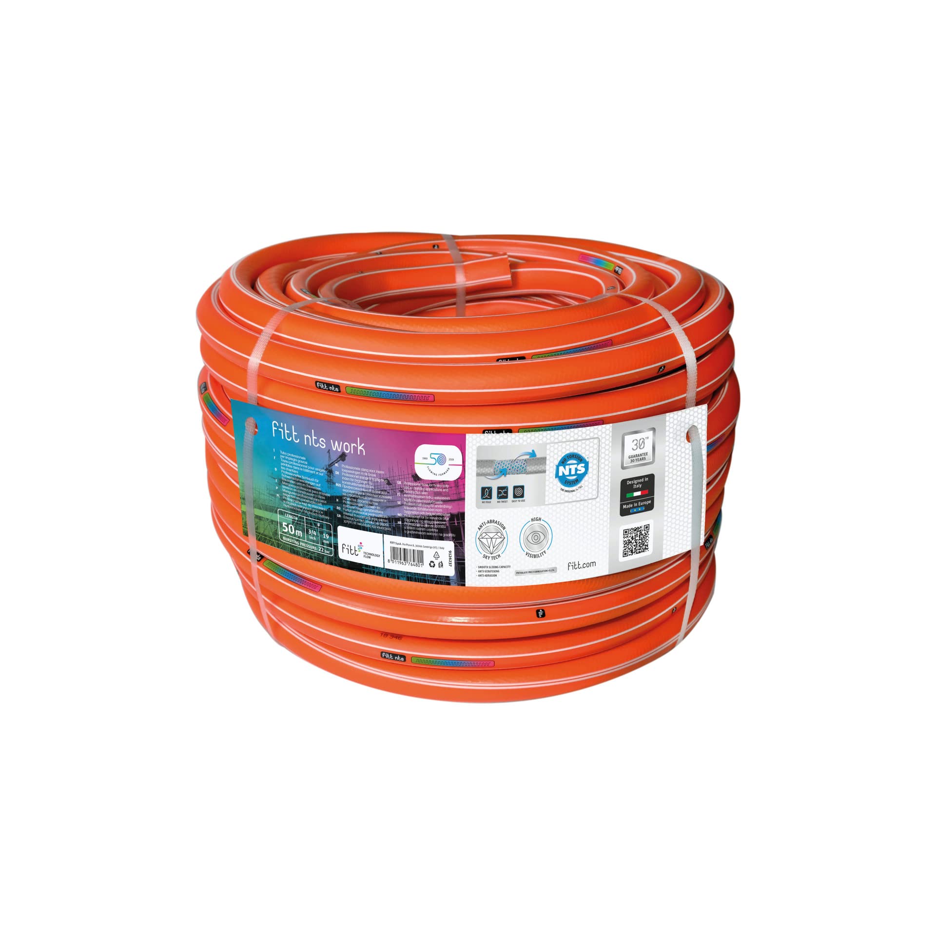 FITT NTS Work 3/4 Inch (19 mm) 50 Meter Orange High Visibility Water Hose, Flexible and Strong for Construction Sites, Suitable for Professional and Heavy-Duty Hobby Use