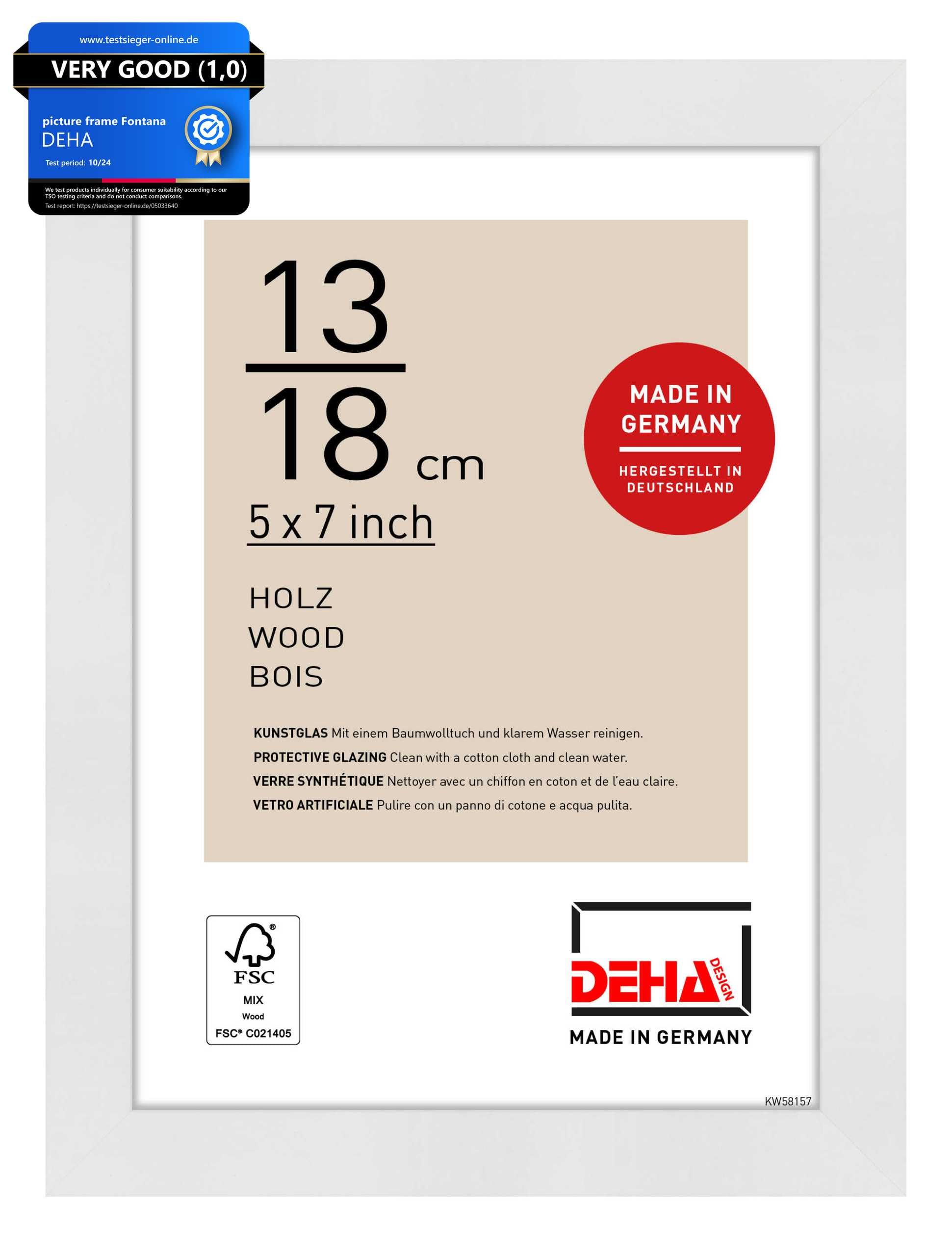 DEHA Design Fontana Wooden Picture Frame - 13x18 cm (5x7 in) – White - with Synthetic Glass and Push/Turn Clips