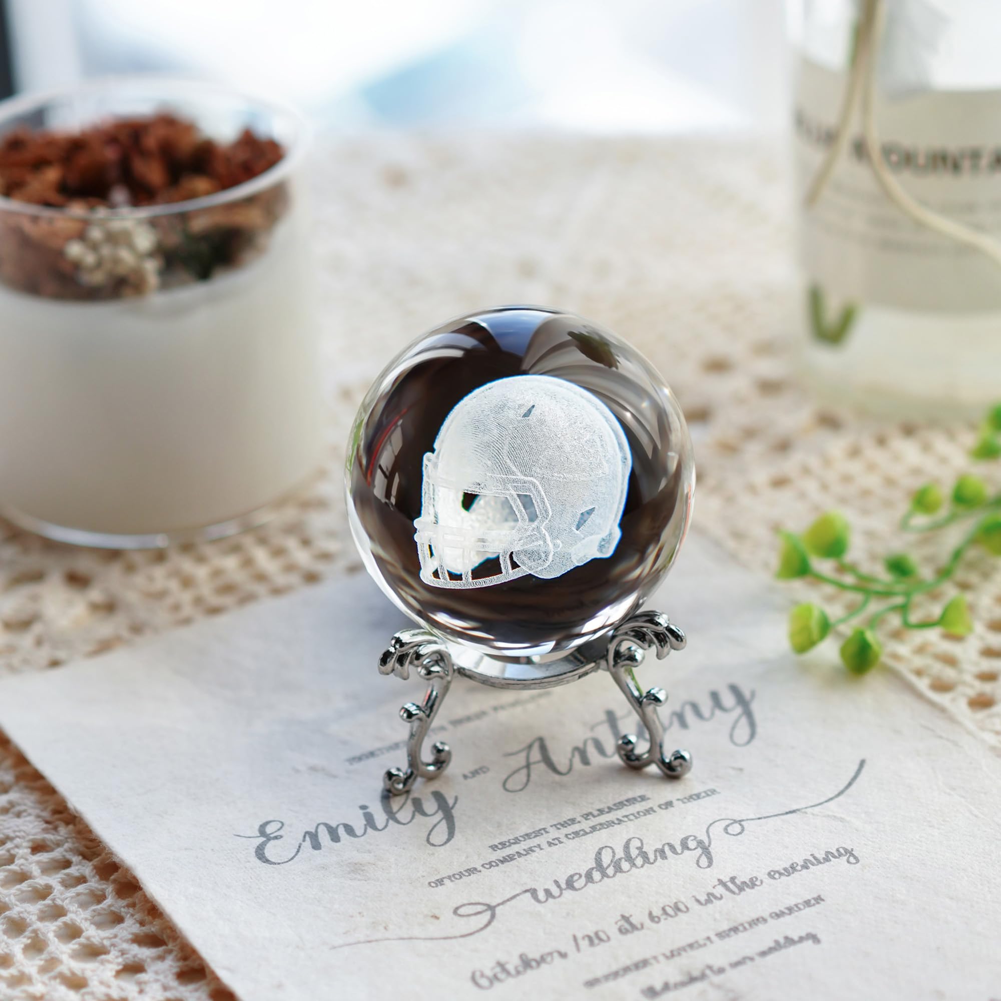 HDCRYSTALGIFTS 3D Laser Engraved Crystal Ball Paperweight with Silver-Plated Flowering Stand Handmade Decorative Ball Glass Full Sphere Home Decor Gift (2.36inch,Rugby Helmet)