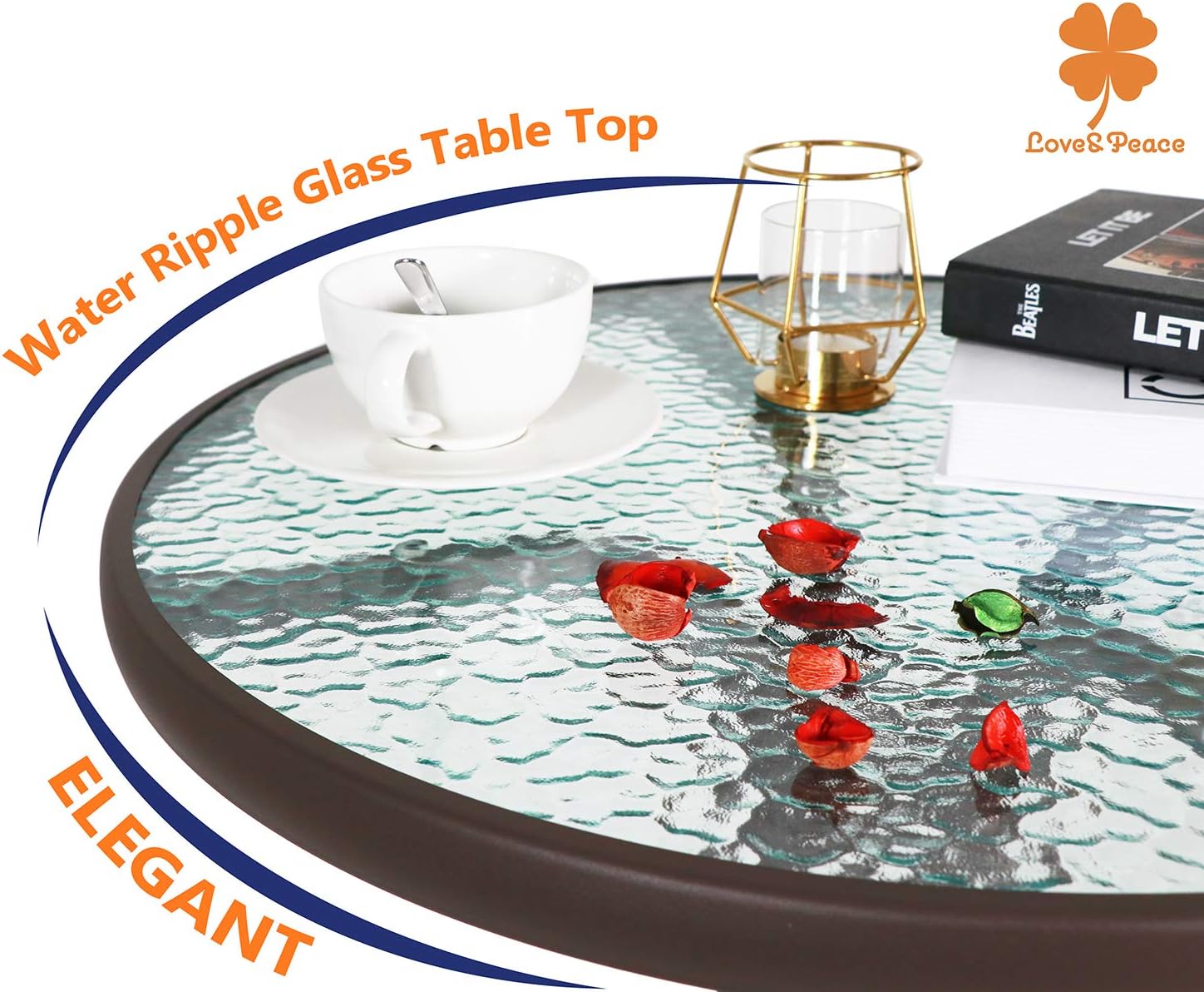 Love & Peace 24" x 24" Outdoor Bistro Table Metal Round Patio Side Table Outdoor Coffee Table Furniture Garden Backyard Dining Table, W/Elegant Water Ripple Glass Table Top, Brown: Kitchen & Dining