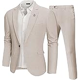 MY'S Men's 2 Piece Regular Fit Linen Suit Set, One Button Lightweight Jacket Pants for Business, Casual, or Prom