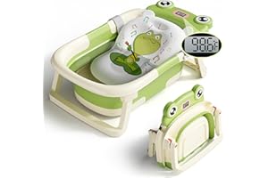 BUNWAG Collapsible Baby Bathtub,Foldable Bathtub for Newborn to Toddler with Soft Cushion and Thermometer,Portable Travel Baby Bathtub, Durable Infant Bath Tub with No-Slip Feet (Green)