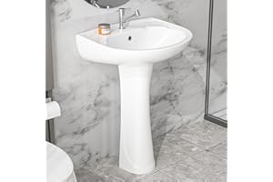 HOMLYLINK Pedestal Sink White 1 Hole, 21 x 19 Inch Bathroom Pedestal Sink Combo, 1 Overflow Hole, 1 Faucet Hole, Pure White Porcelain, Semi-Circular, for Bathroom, Laundry