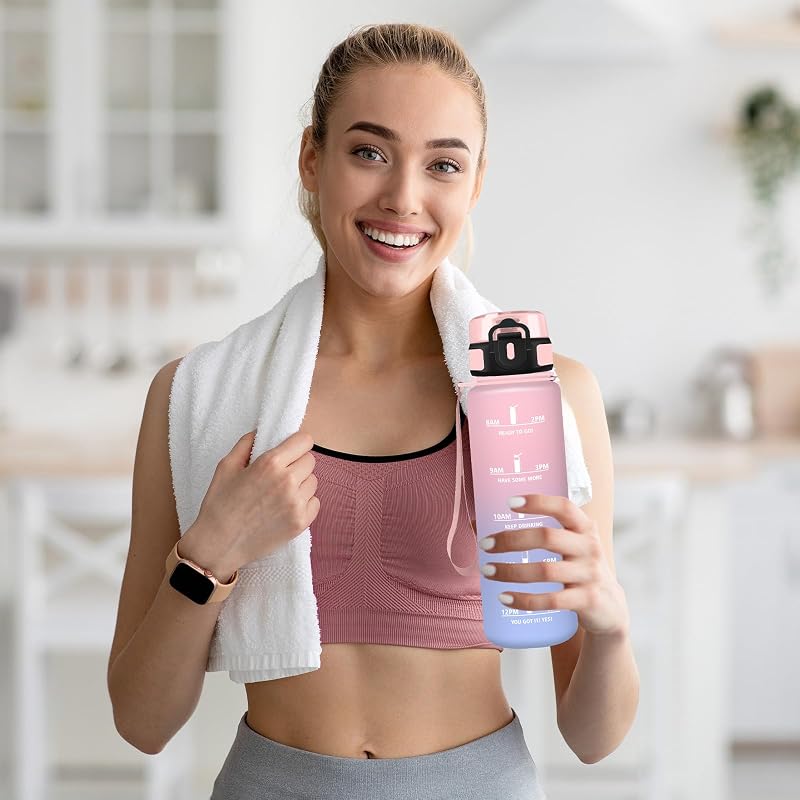 Trinkflasche 1l, Wasserflasche Sport, Trinkflasche Kohlensäure Geeignet, Wasserflasche Auslaufsicher, mit Zeitmarkierung und Filter, Leicht zu Reinigen, für Schule, Büro, Outdoor, Camping, Running