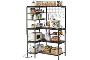 iabifo L-Shaped Bakers Rack with Power Outlet, 6-Tier Microwave Stand with Open Storage, Coffee Bar with Hooks, Mesh Grid, Kitchen Shelf with Wire Basket, Black