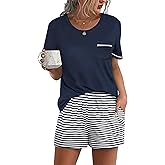 Ekouaer Womens Pajamas Sets Shorts 2 Piece Short Sleeve Lounge Sets Round Neck Sleepwear Soft Pjs with Pockets