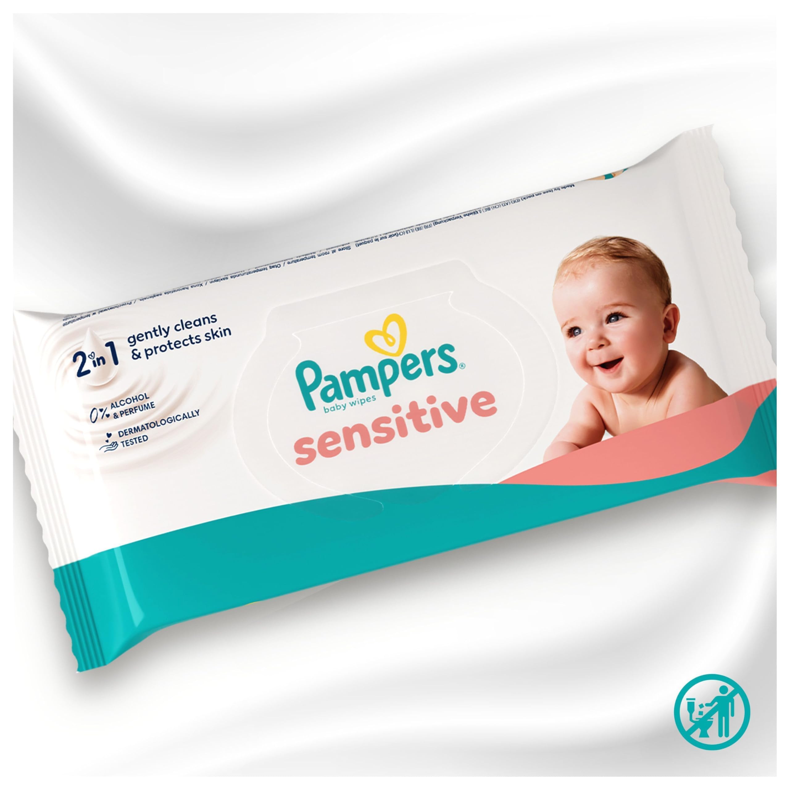 Pampers Sensitive Baby-Feuchttücher, 15 Packungen mit 80 Feuchttüchern,1200 Baby-Feuchttücher, 2-in-1 sanfte Reinigung & Hautschutz 3