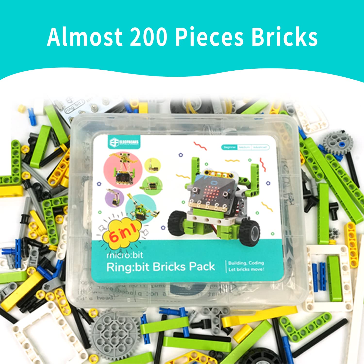 ELECFREAKS microbit Ring:bit 6-in-1 Starter Kit, Programmable Makecode Coding Learning Kit with 200+ Building Blocks(Without Micro:bit)
