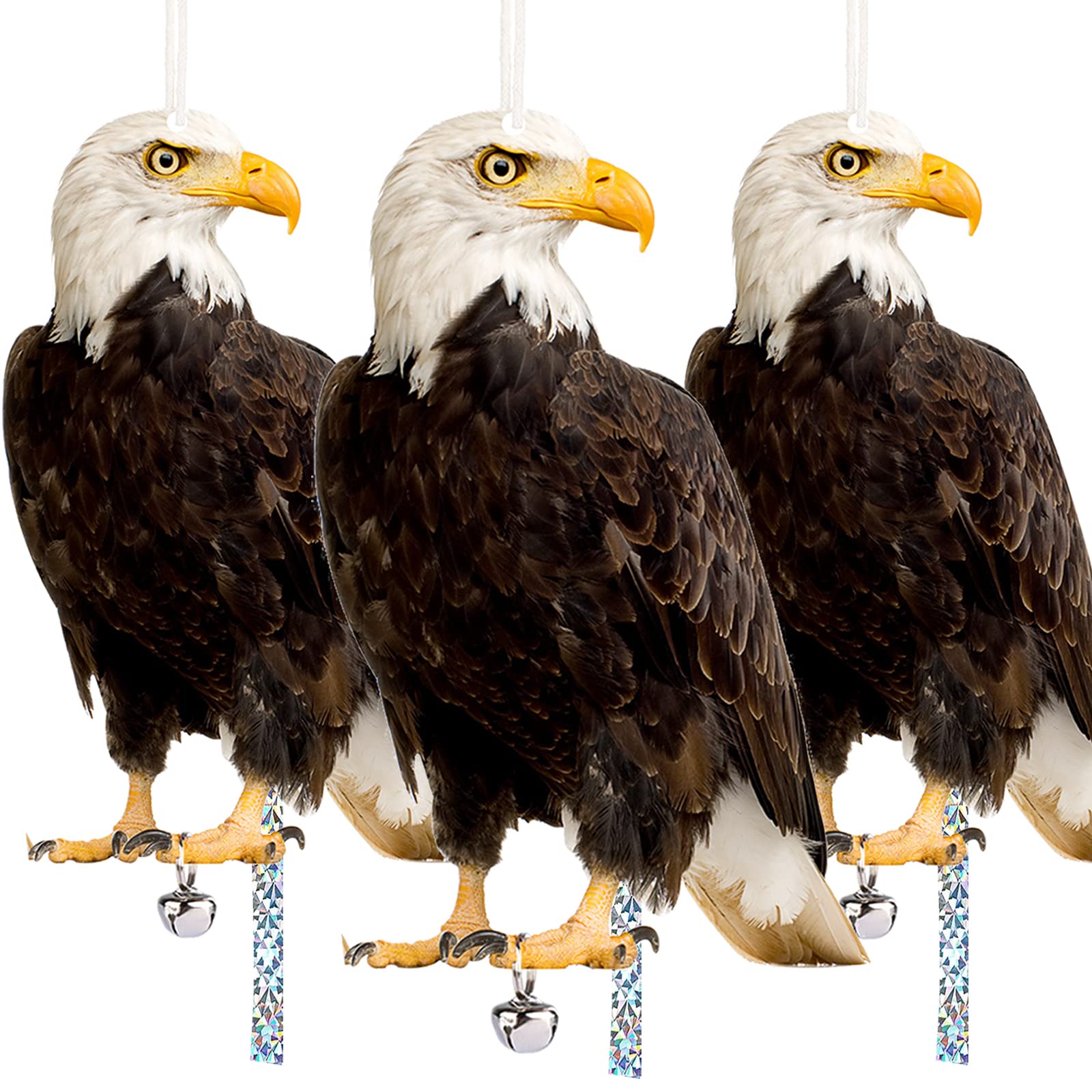 Bird Repellent Owl Bird Scarer, Bird Scarer, Pigeon Repellent for Outdoor Hanging, Bird Tape for Deterrent, Scarecrow Reflective Tape, Hanging Reflective with Bell, Pack of 3