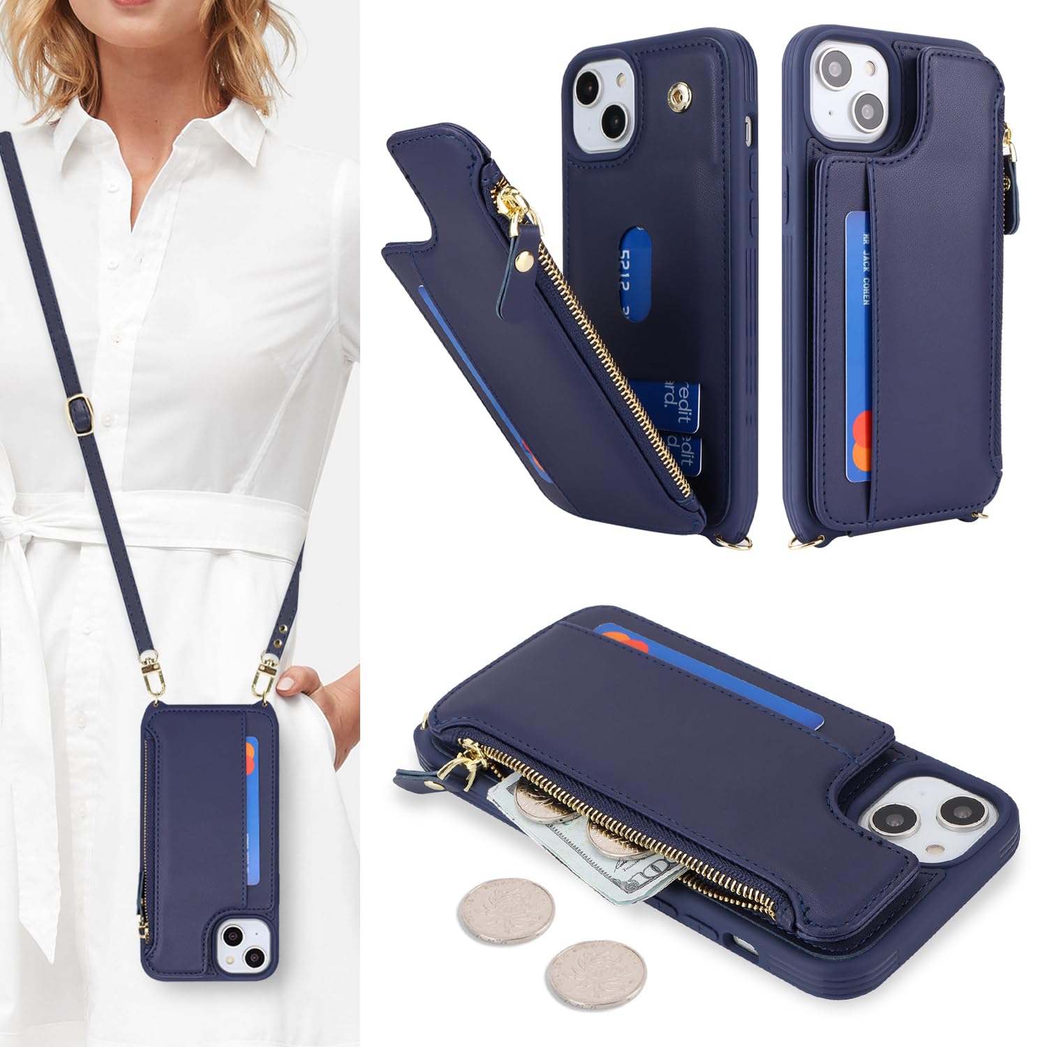 SailorTech for iPhone 13 Phone Case with Credit Card Holder for Women, iPhone 13 Leather Case Wallet Crossbody with Credit Card Slots Zipper Shockproof Case for Men - Blue