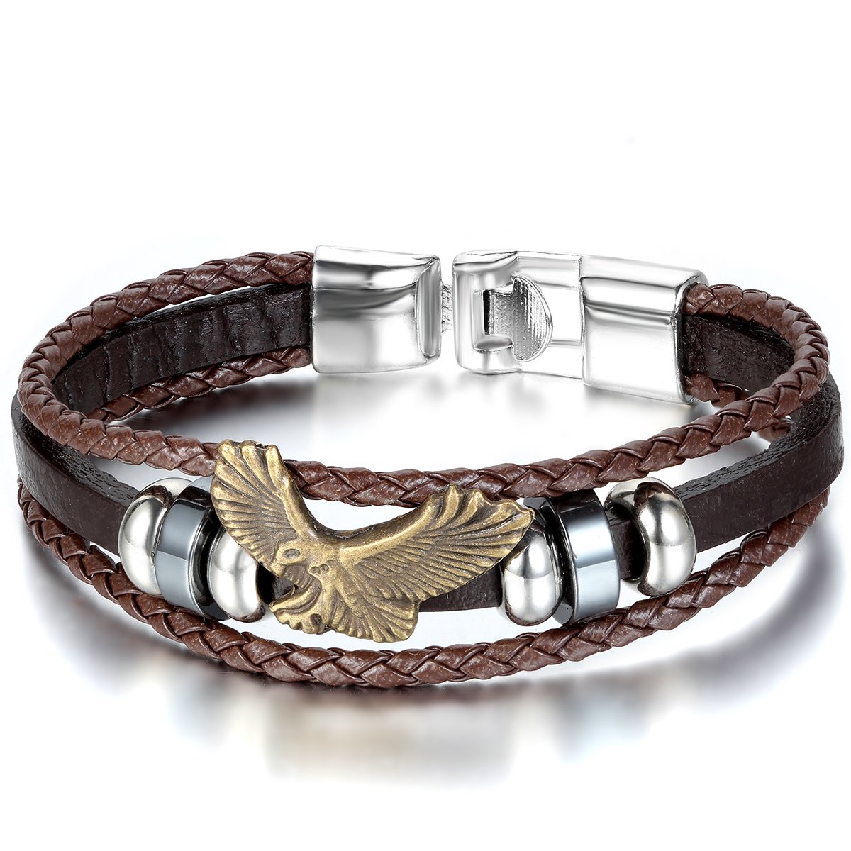 JewelryWe Men Women Brown Leather Wrap Bracelet Retro Eagle Beads Charm Leather Alloy Bangle