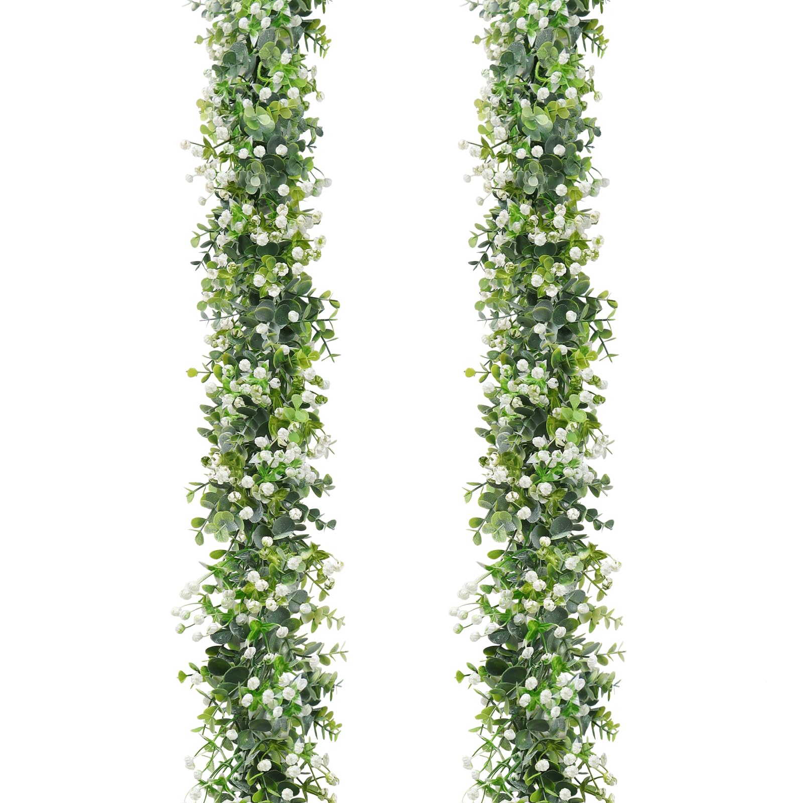 LOMOHOO 2PCS 12FT Artificial Eucalyptus Garland With White Flowers, Fake Leaves Green Garland Artificial Foliage Garland, Greenery Garlands for Home Decoration Wedding Backdrop Table Arch Wall Decor