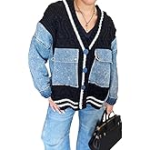 Molisry Women's 2025 Cardigan Sweater Long Sleeve Patchwork Denim Pockets Open Front Jean Jacket Spring