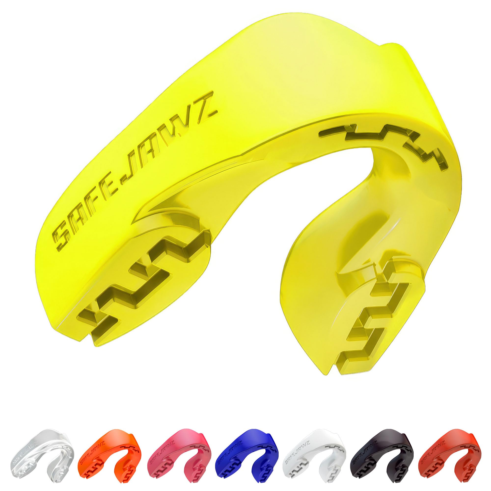SAFEJAWZ Mouthguard Slim Fit, Adults and Junior Gum Shield with Case for Boxing, MMA, Rugby, Martial Arts, Judo, Karate, Hockey and All Contact Sports… B073CZHSRS (Adult (12+ Years), Yellow)