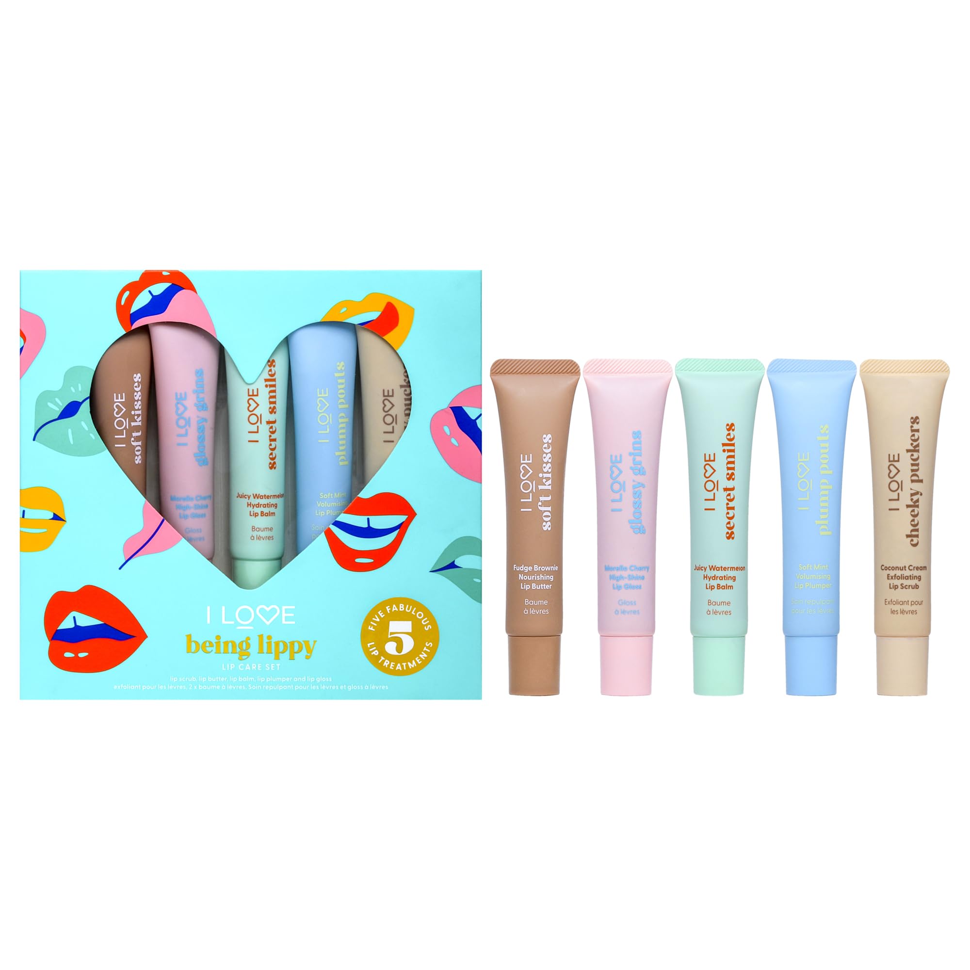 I Love Being Lippy Lip Care Set, Includes Lip Scrub, Lip Butter, Lip Balm, Lip Plumper, and Lip Gloss, Fruity and Minty Flavours for Lip Exfoliation, Protection and Long-Lasting Hydration, Pack of 5