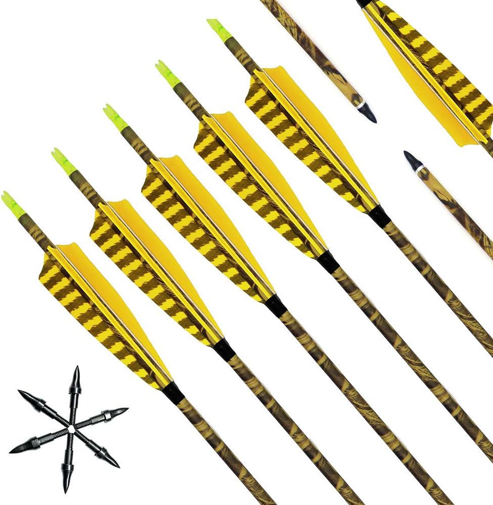 Archery Arrows Lizac Hunting target Arrow, Made in Carbon Fiber, 31” inch Dimension, Natural Feather Color in Camouflage, Practice or Hunting for Traditional bow and Longbow, included with arrows tips Replaceable (12 pcs)