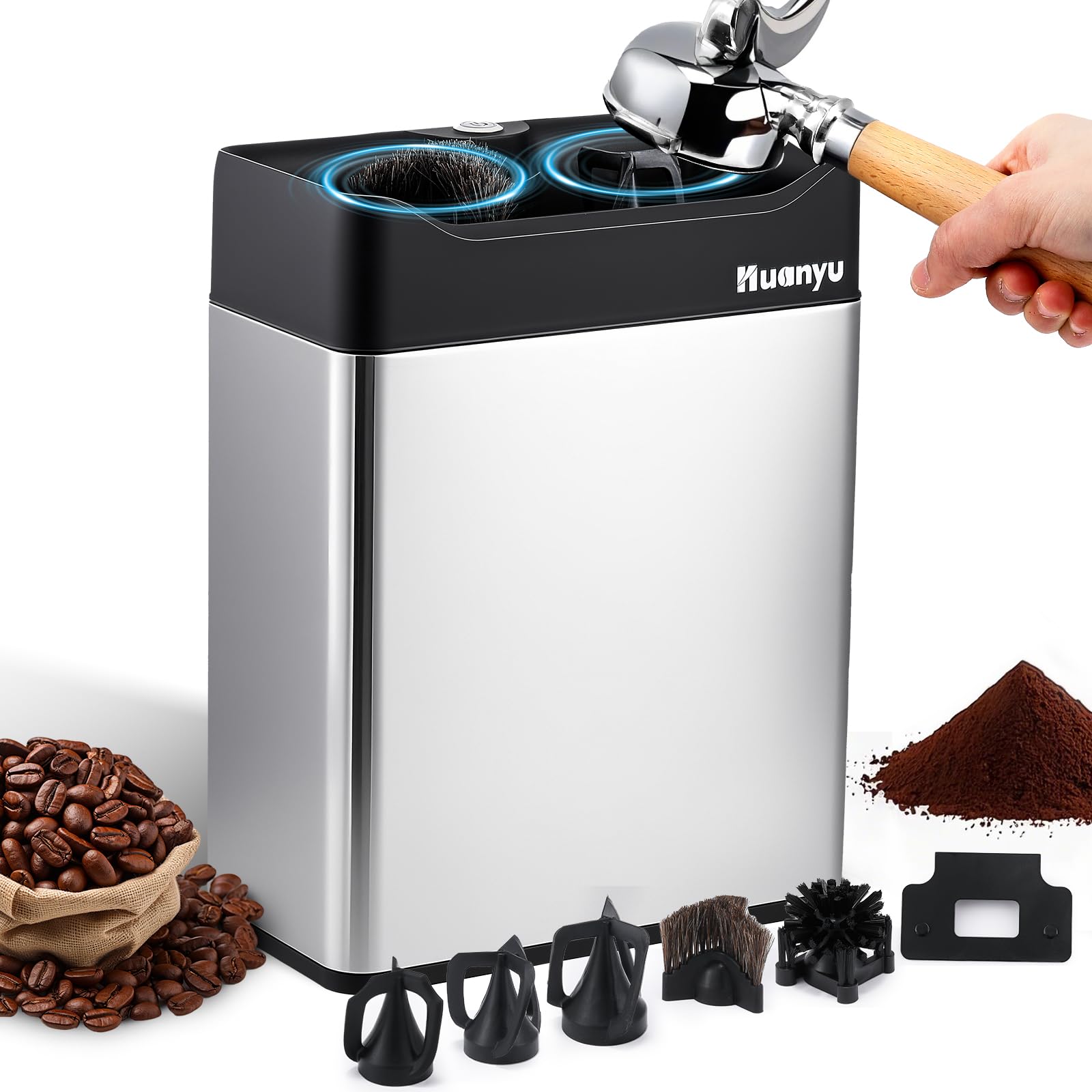 Photo 1 of Huanyu Portafilter Cleaner Electric, 6L Large Capacity, with Dual Brush Heads, 3 Scrapers for 58mm and 51mm Portafilters, Automatic Coffee Grounds Cleaning Machine