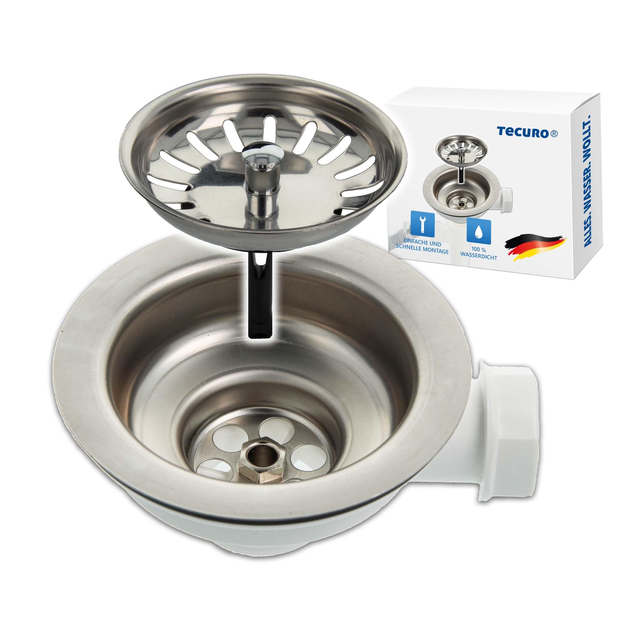 Tecuro Rinse Drain, Rinse Strainer Valve, 1 1/2 inches, Diameter 114 mm, with Rope-Rotary Operation.