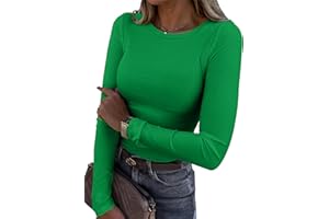 Roselux Womens Long Sleeve Stretch Crewneck Ribbed T-Shirt Fitted Casual Basic Tops