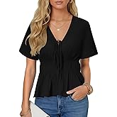 LYANER Women's Deep V Neck Tie Knot Ruffle Ruched Short Sleeve Sexy Blouse Top