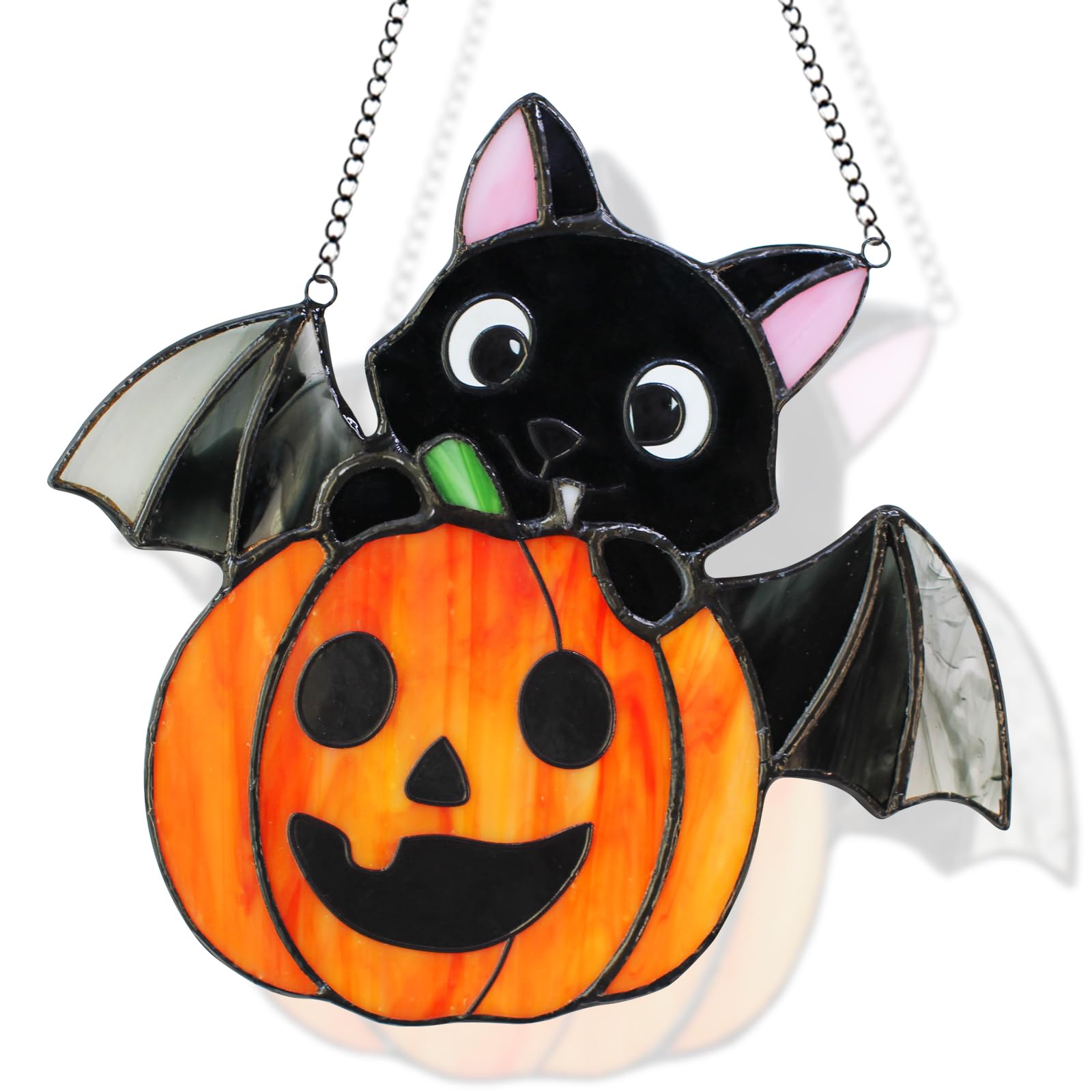 Photo 1 of JAWNLITY Halloween Stained Glass Window Hanging, Handmade Bat and Pumpkin Suncatcher for Window, Wall Porch Decoration, Cute Cartoon-Style Stained Glass Halloween Decor