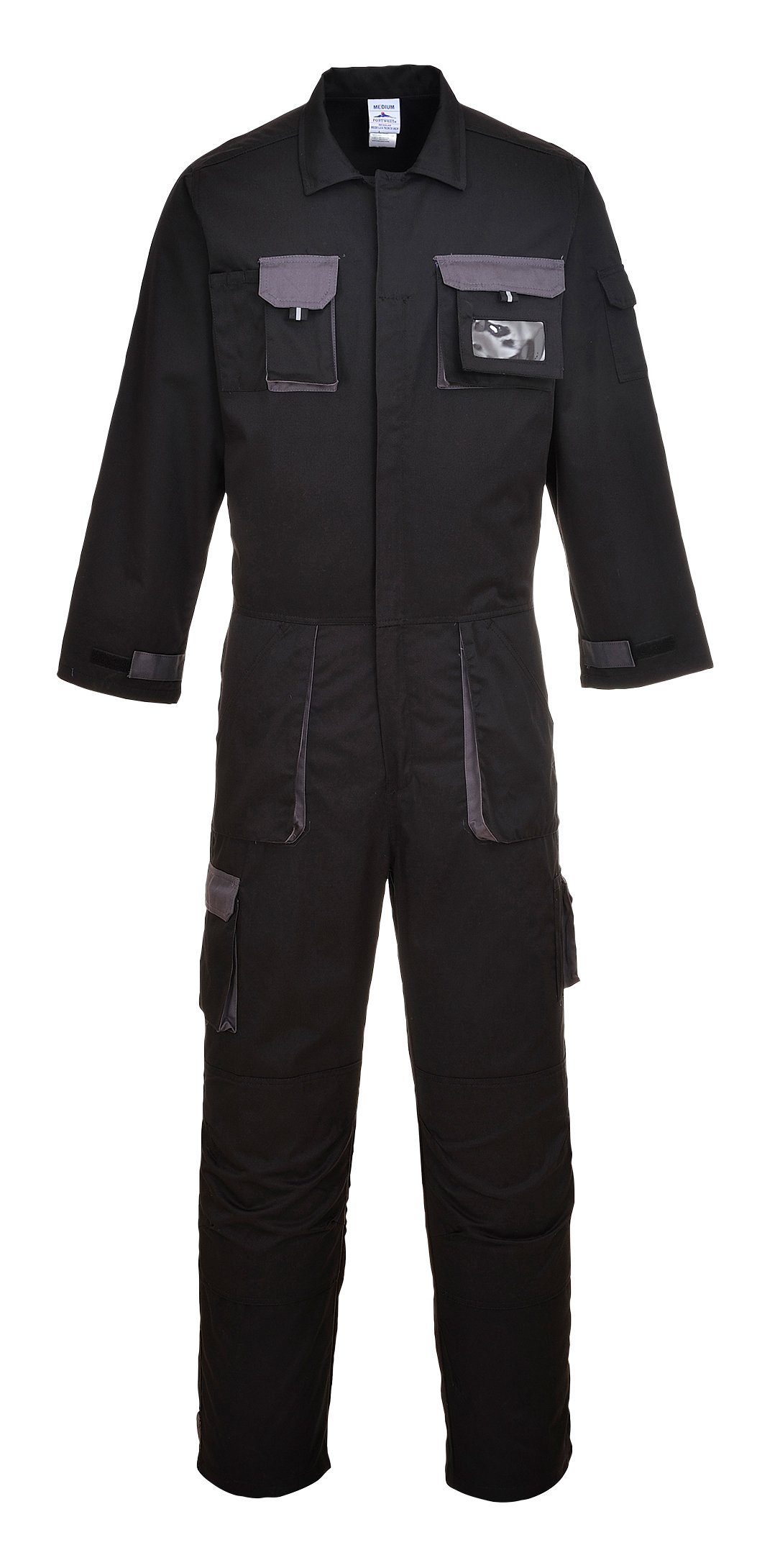 Portwest TX15 Men's Texo Contrast Coveralls Durable Cotton Protective Work Overalls Workwear Knee Pad Pockets Two-Way Zip Elastic Waist Boiler Suit for Mechanics Warehouse Garages DIY, Black, L