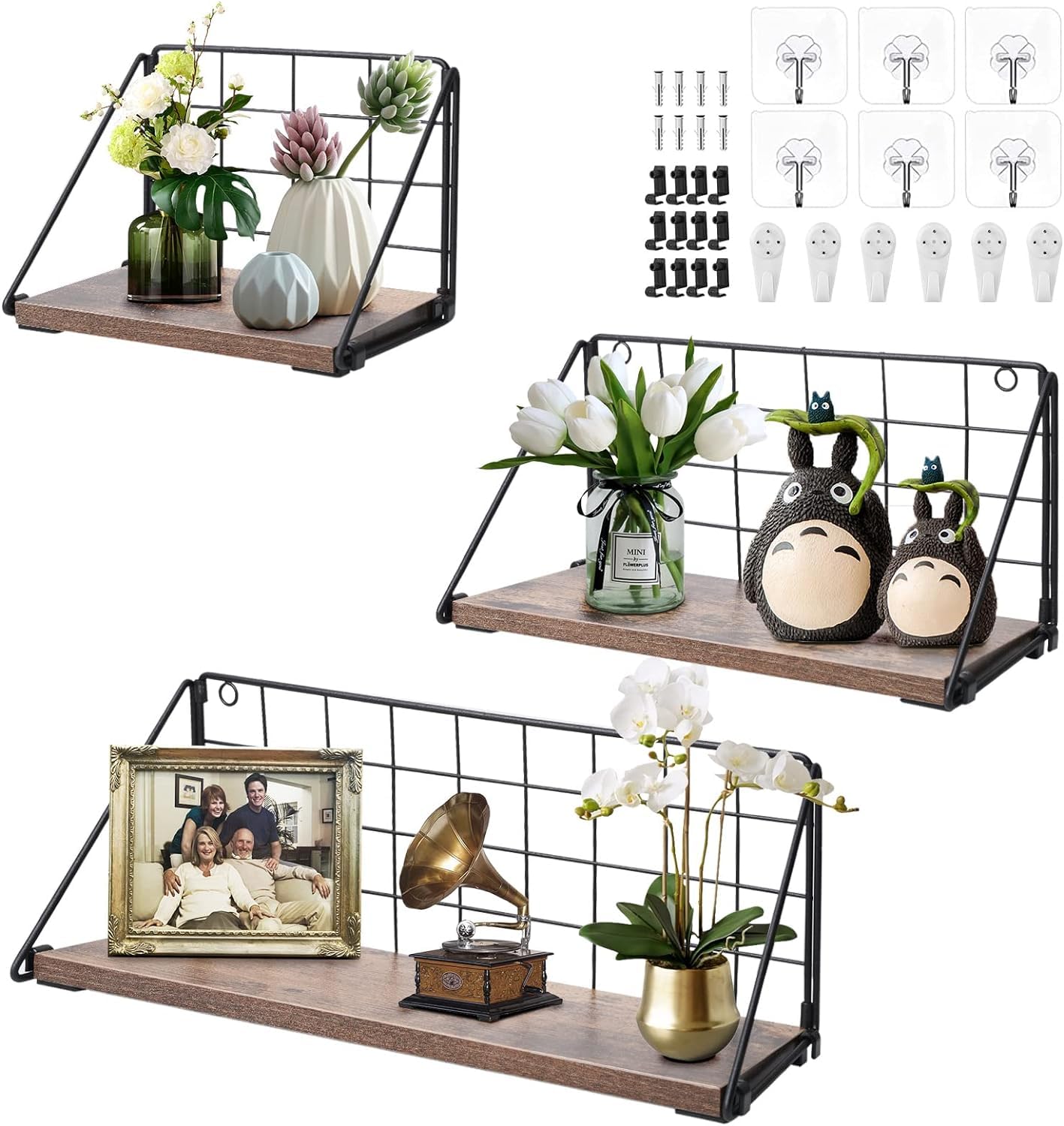 Yuehuamech Floating Shelves Wall Mounted Set of 3,Rustic Metal Wire Grid Wall Storage Shelves Display Racks Home Decor Wall Shelf for Bathroom Kitchen Living Room Office Bedroom