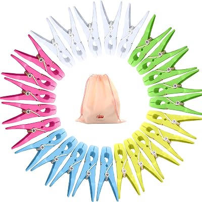 VEGCOO 60 Pcs Clothes Pegs with Storage Bag 5 Colors Durable Windproof